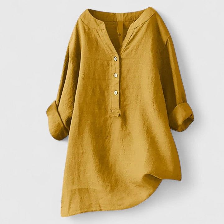 Red Larienne™ Elegant Button-front Shirt by Emma & Rose Cape Town, featuring a tailored fit and stylish collar detail.