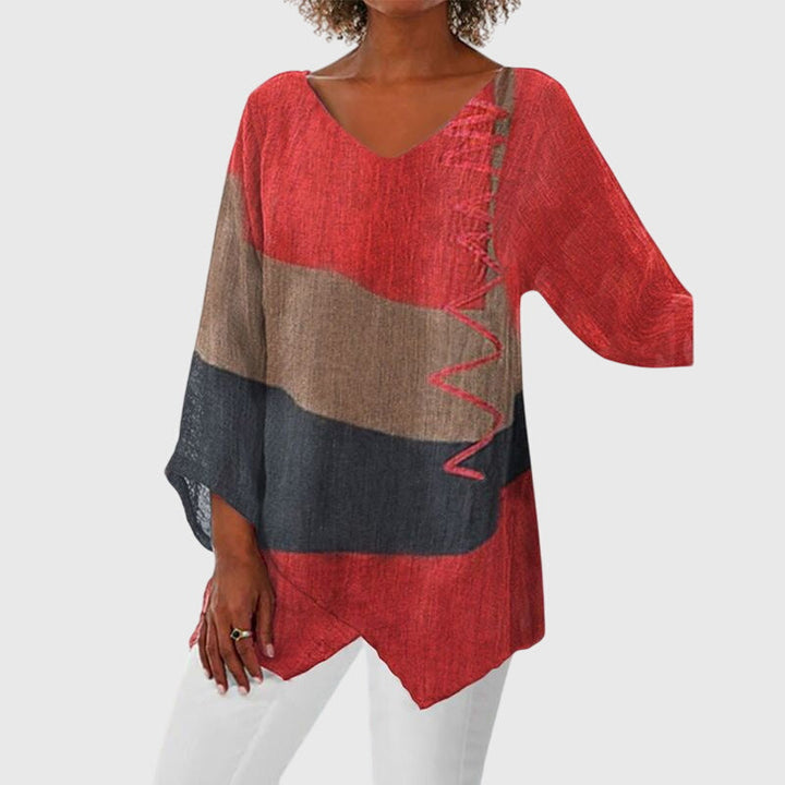 Red Nena™ flattering top by Emma & Rose Cape Town featuring a stylish, fitted design with a round neckline and short sleeves.