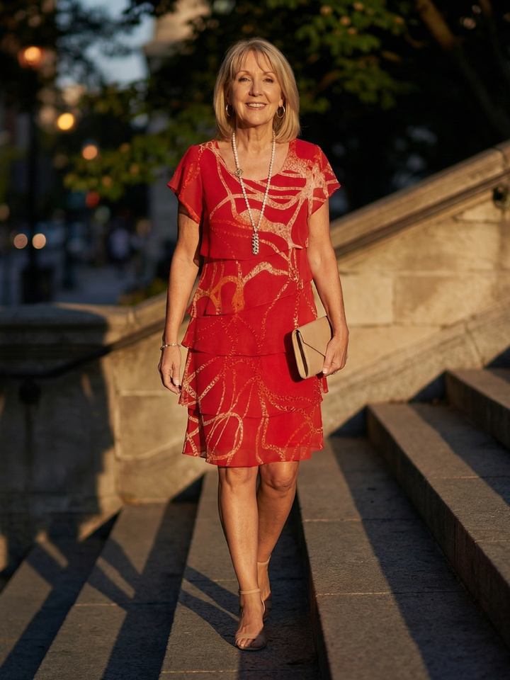 Red Nora™ abstract knee-length dress by Emma & Rose Cape Town, featuring a stylish design and elegant silhouette.