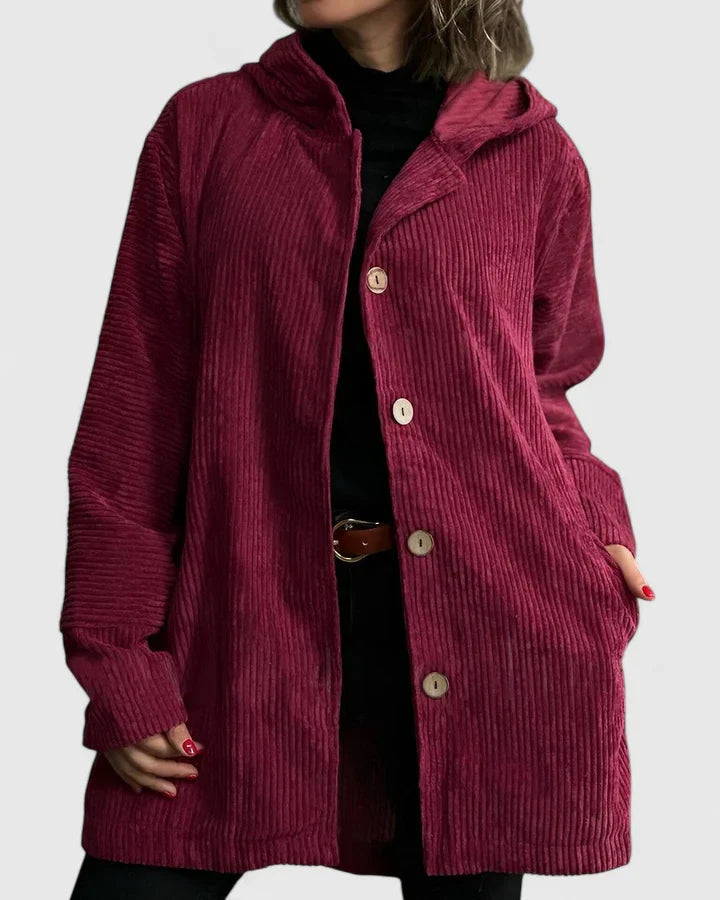 Red Ysalindah™ comfortable jacket by Emma & Rose Cape Town, shown on a model, featuring a stylish, cozy design.