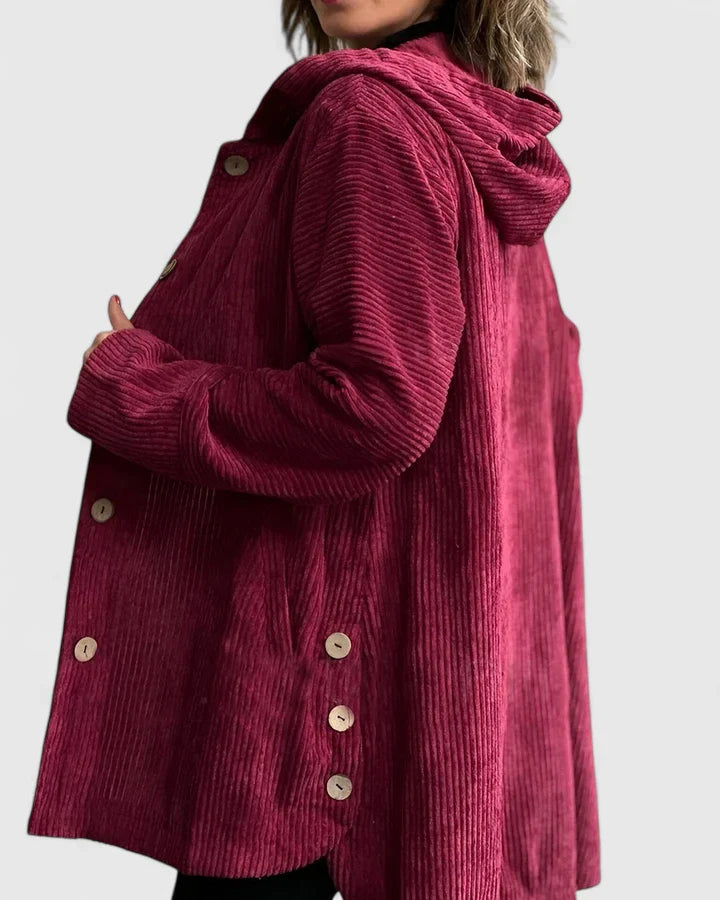 Red Ysalindah™ comfortable jacket by Emma & Rose Cape Town, shown on a model with a relaxed fit and stylish design.