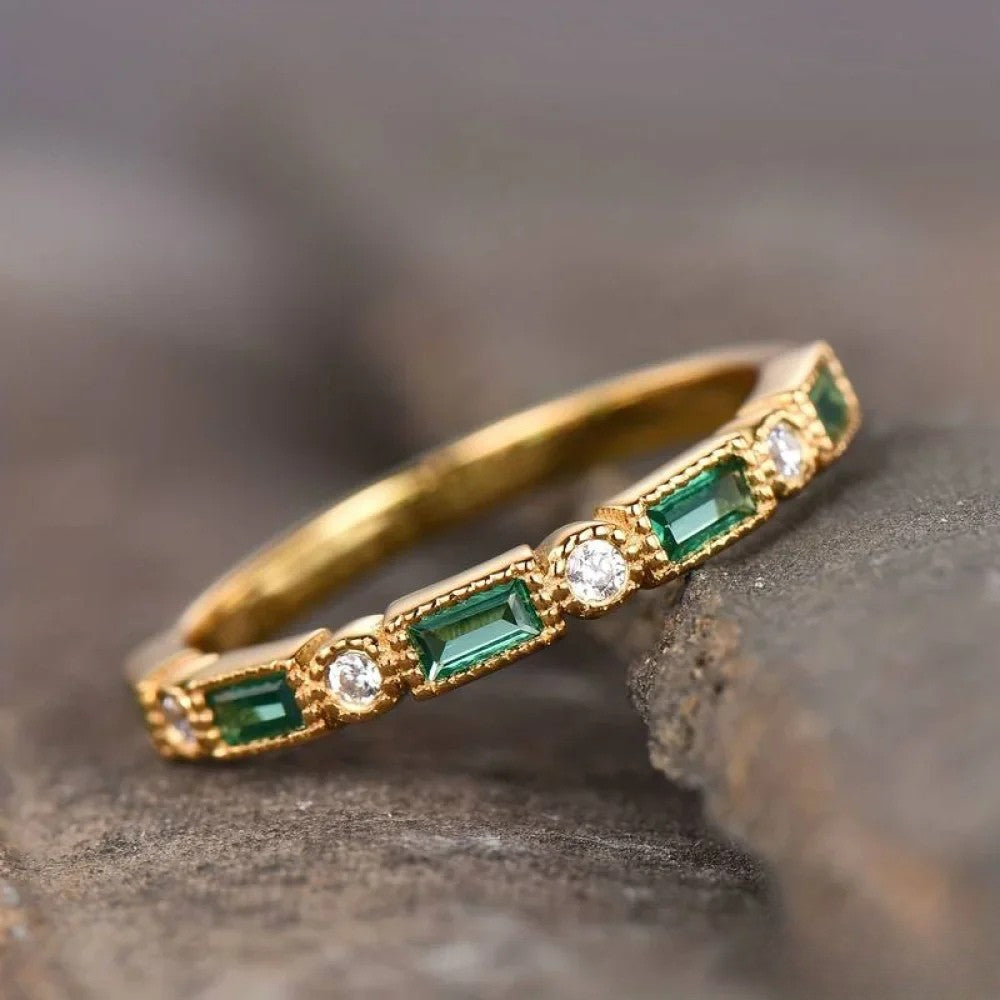 Retro Green Zirconia Gold Ring by Emma & Rose Cape Town featuring a vintage-style design with vibrant green zirconia gemstone.
