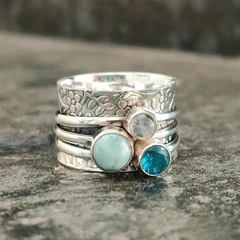 Retro™ Natural Blue Stone Ring by Emma & Rose Cape Town, close-up of the silver ring featuring a vibrant blue gemstone.