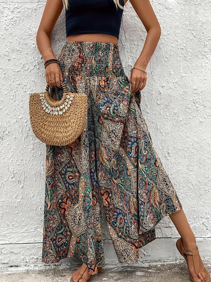 Emma & Rose Cape Town Anna™ Bohemian Wide Trousers in flowy fabric with relaxed fit and boho-chic style.