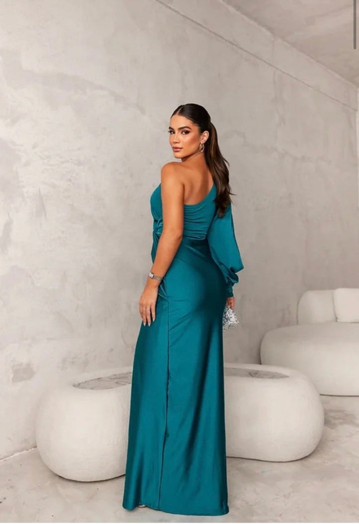 Green Claire™ one-shoulder evening maxi dress by Emma & Rose Cape Town, flowing fabric and elegant design for formal occasions.