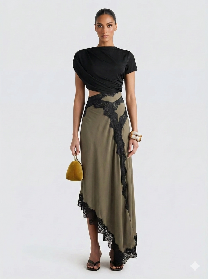 Olive™ Emma & Rose Cape Town top maxi skirt set featuring a flowy olive-green skirt and matching sleeveless top.