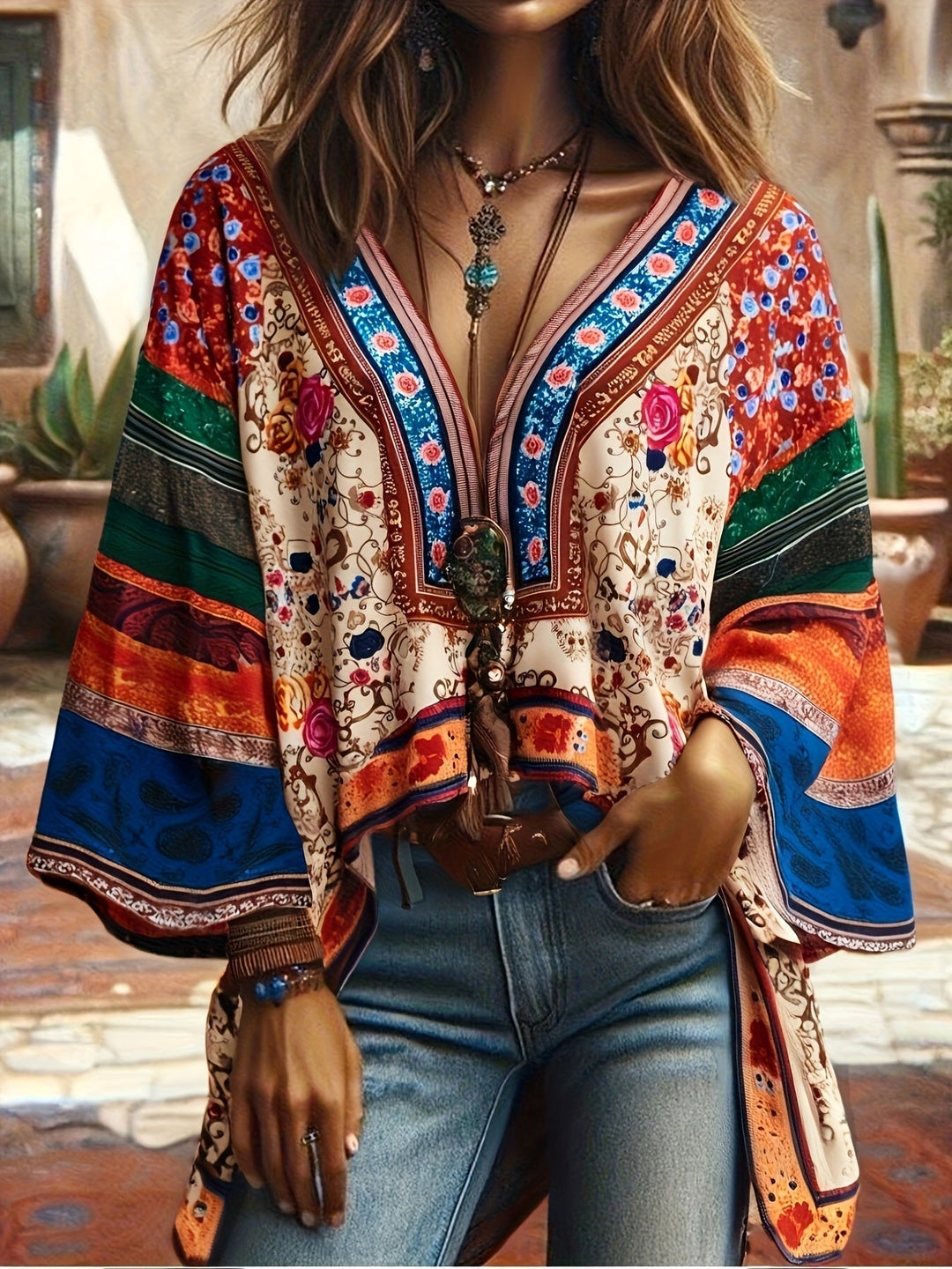 Ulrika™ V-neck long sleeve top by Emma & Rose Cape Town, in soft fabric, shown on a model with a fitted silhouette.