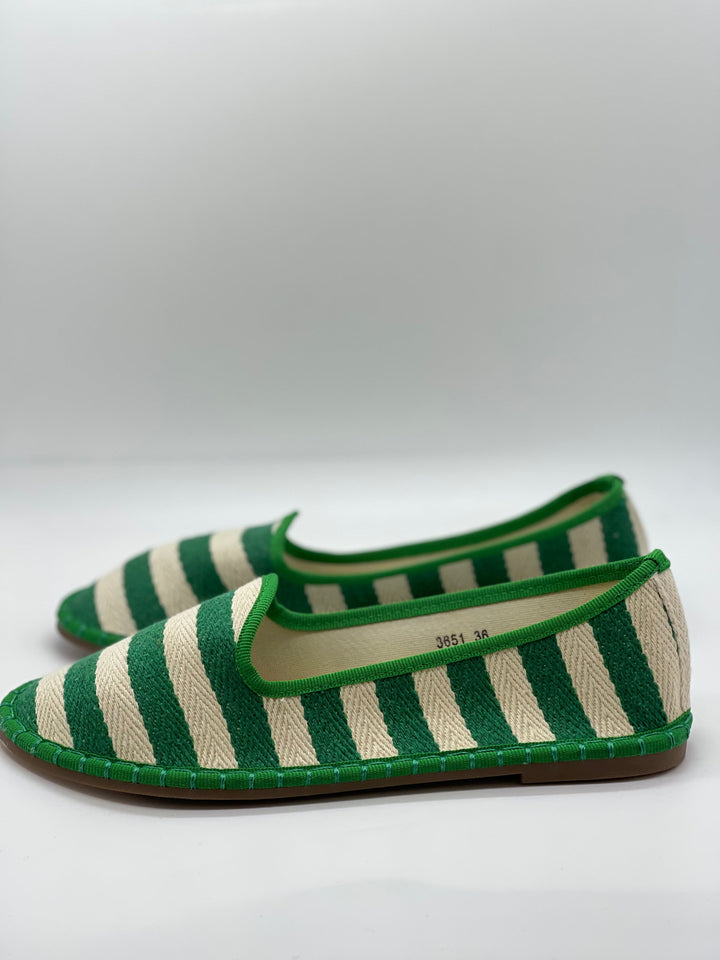 Charlize™ beige striped Friulane shoes by Emma & Rose Cape Town made from soft luxurious fabrics, stylish and comfortable.
