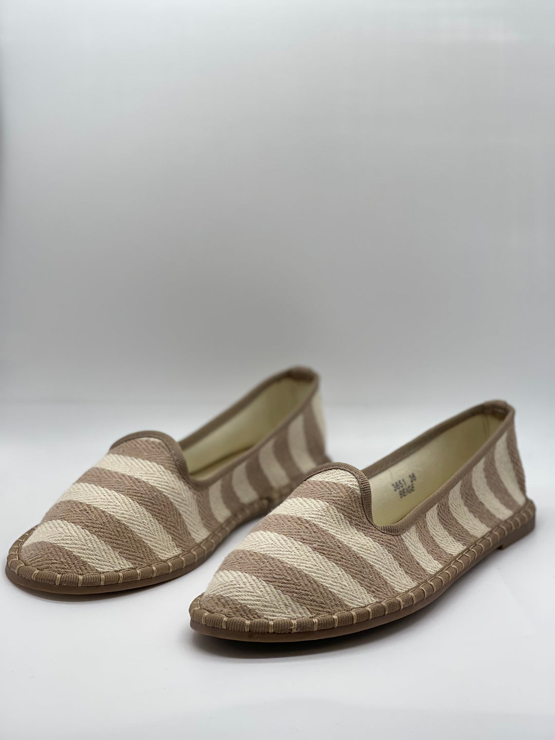 Emma & Rose Cape Town Charlize striped Friulane shoes made from soft, luxurious fabrics in beige, size 36.