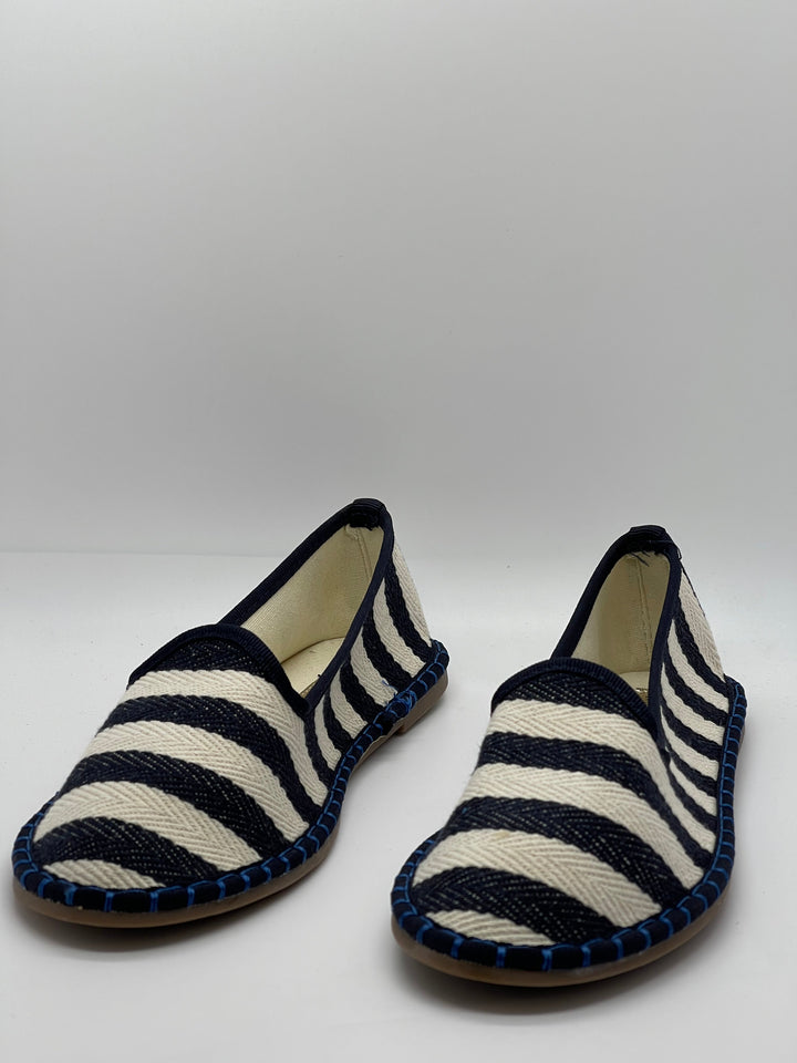 Emma & Rose Cape Town Charlize striped Friulane shoes in beige with soft luxurious fabric, size 36, casual slip-on footwear.