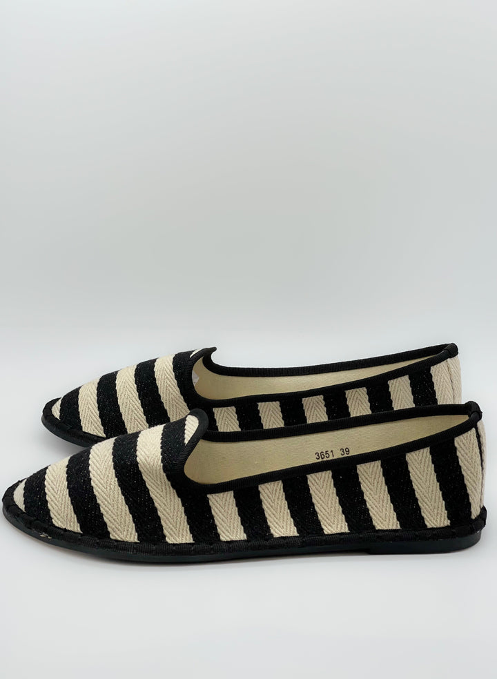 Emma & Rose Cape Town Charlize striped Friulane shoes in beige with soft, luxurious fabric for comfortable, stylish wear.