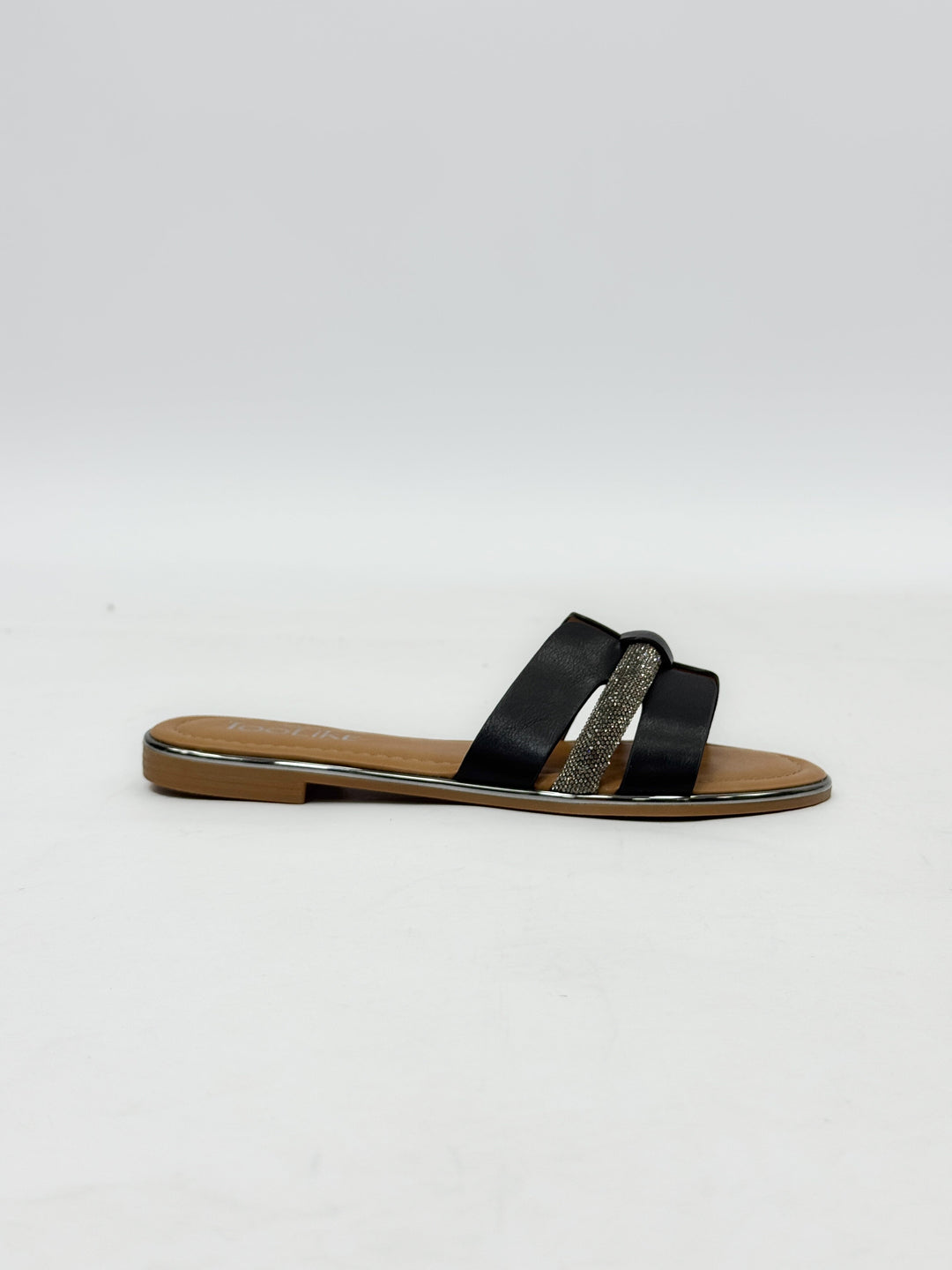 Black Low™ sandals by Emma & Rose Cape Town with jeweled accents, featuring open toe design and ankle straps.