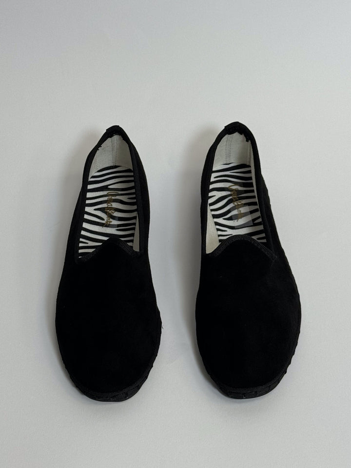 Black Delia™ Friulane shoes by Emma & Rose Cape Town featuring soft, luxurious fabric and classic slip-on style.
