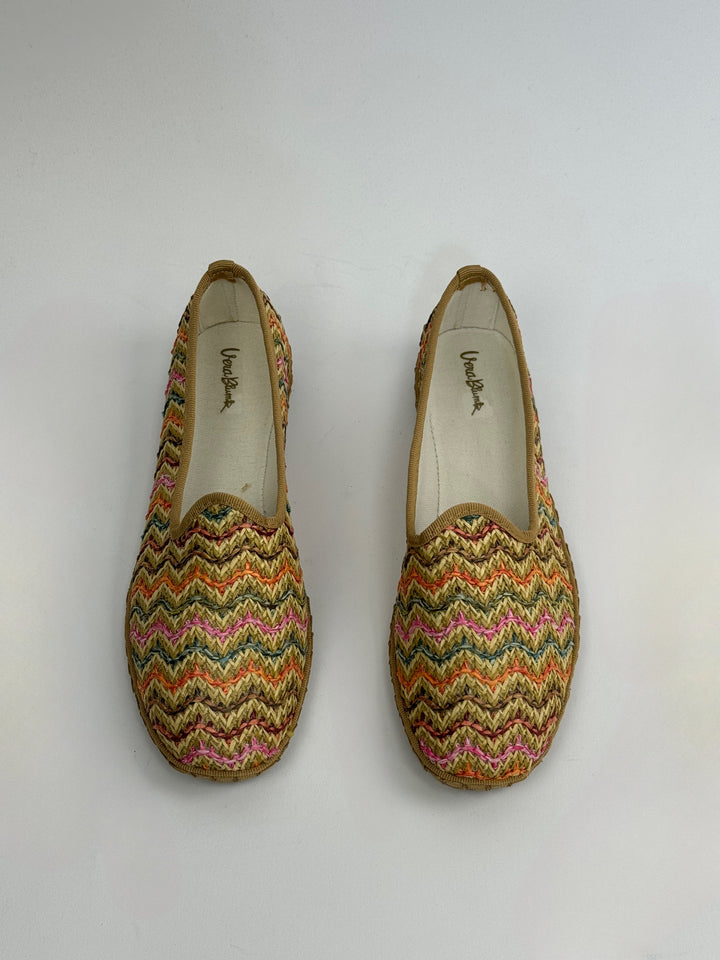 Emma & Rose Cape Town Franziska Friulane shoes in black with soft, luxurious fabric, size 36, featuring colorful design details.