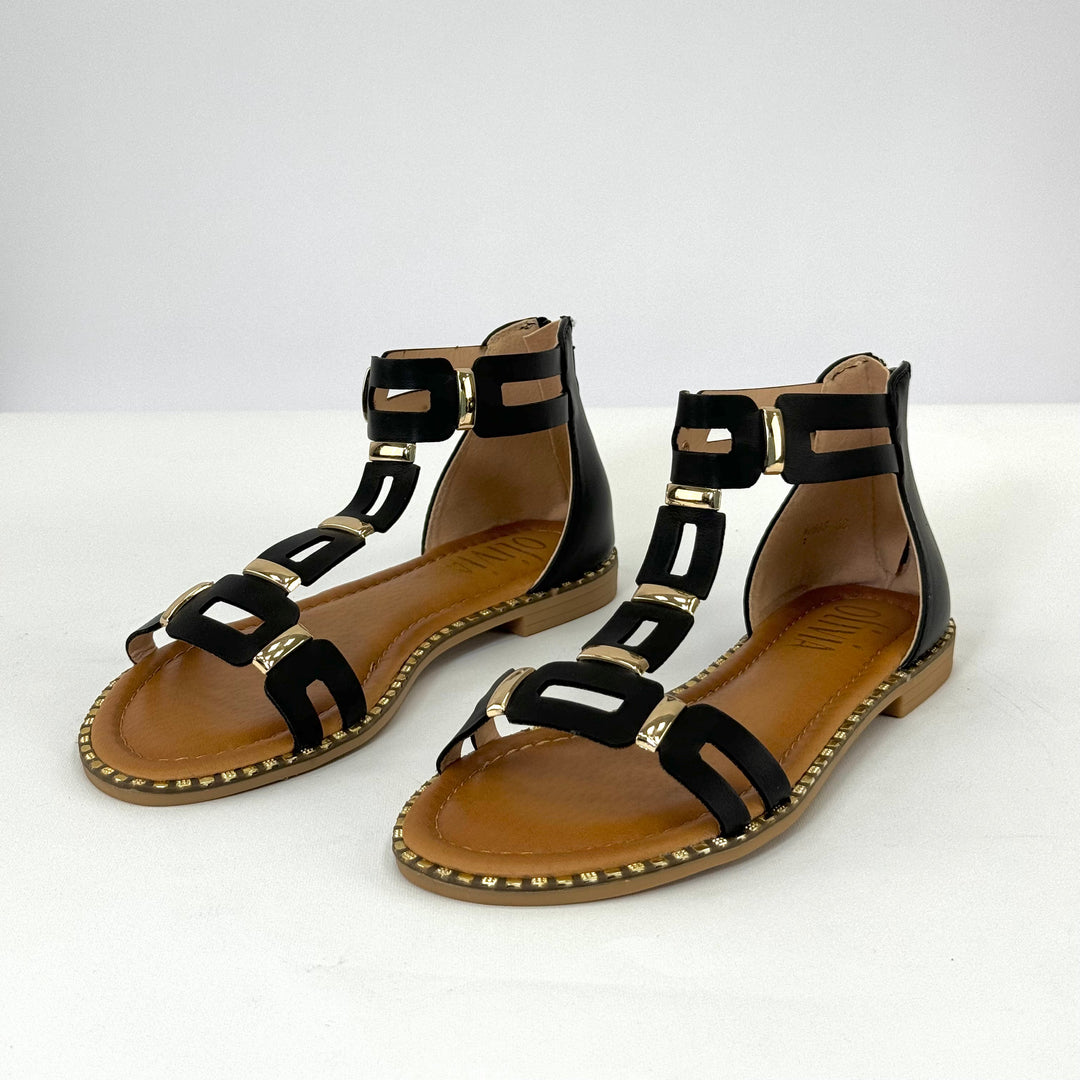 Black Lieke™ open-toe sandals by Emma & Rose Cape Town with a zipper detail, stylish women's slip-on summer footwear.