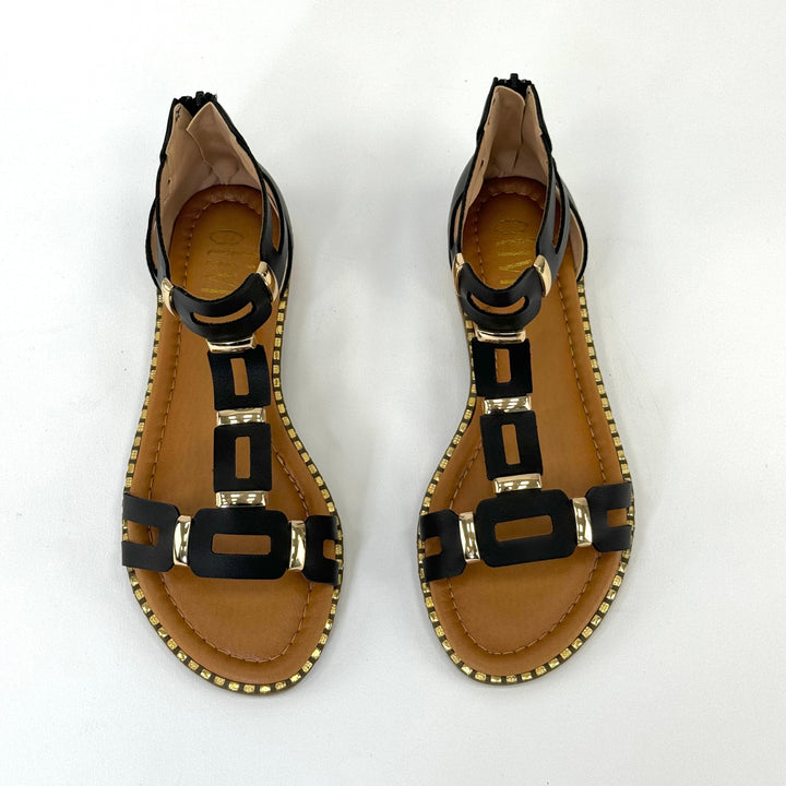 Black Lieke™ open-toe sandals by Emma & Rose Cape Town with zip detail, stylish women's leather footwear.