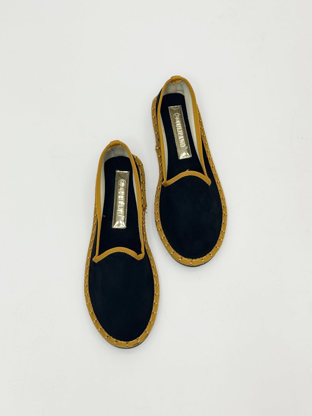 Emma & Rose Cape Town Viviane soft luxurious fabric Friulane border shoes in black, size 36, close-up view of stylish slip-on footwear.