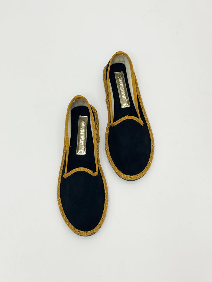Emma & Rose Cape Town Viviane soft luxurious fabric Friulane border shoes in black, size 36, close-up view of stylish slip-on footwear.