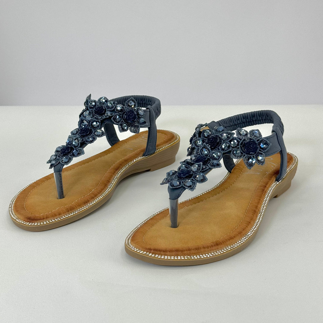 Blue Margot™ Jewelled Flip-flops by Emma & Rose Cape Town, stylish casual scarpe with decorative jewels and comfortable sole design.