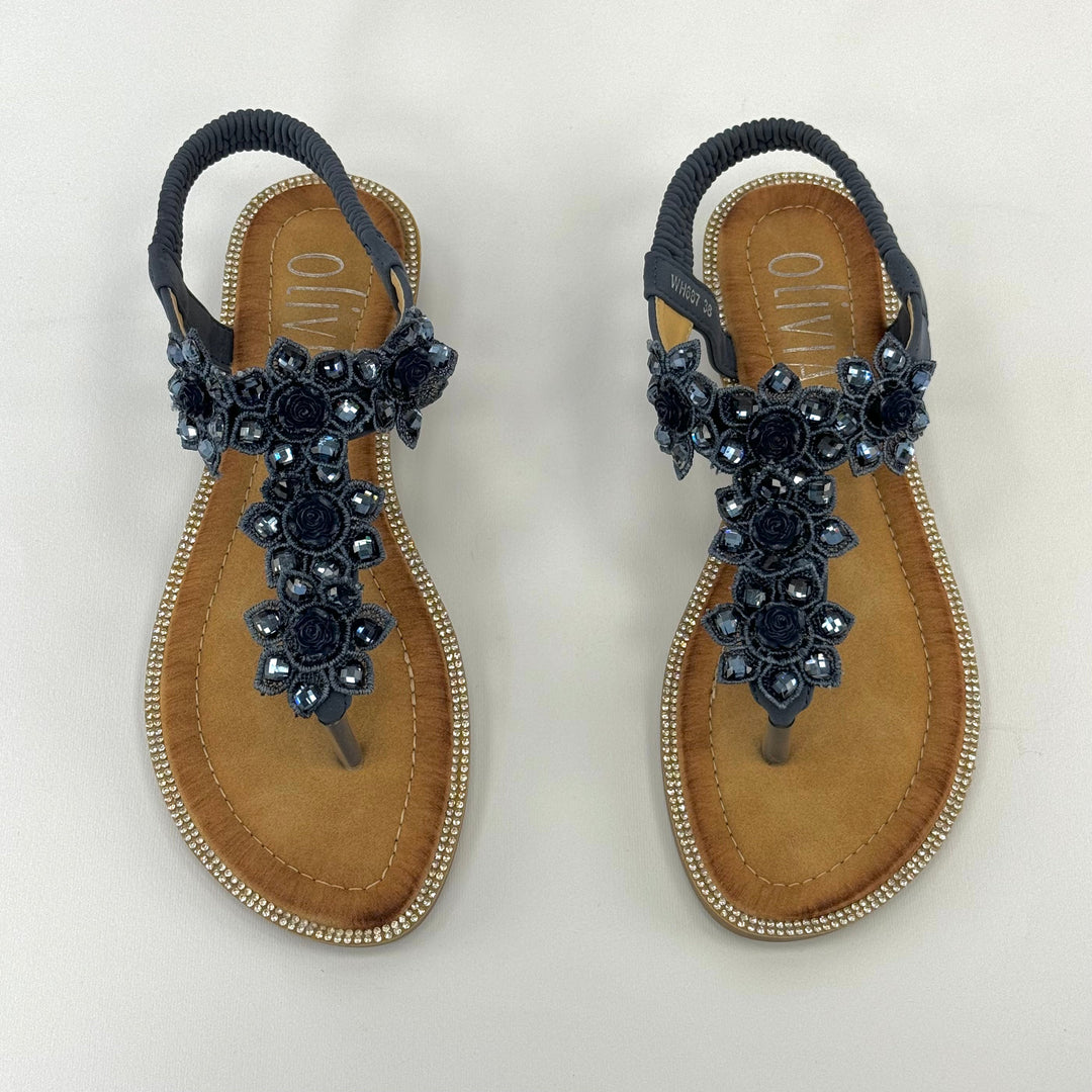 Blue Margot™ Jewelled Flip-flops by Emma & Rose Cape Town, stylish scarpe with jeweled straps and comfortable flat soles.