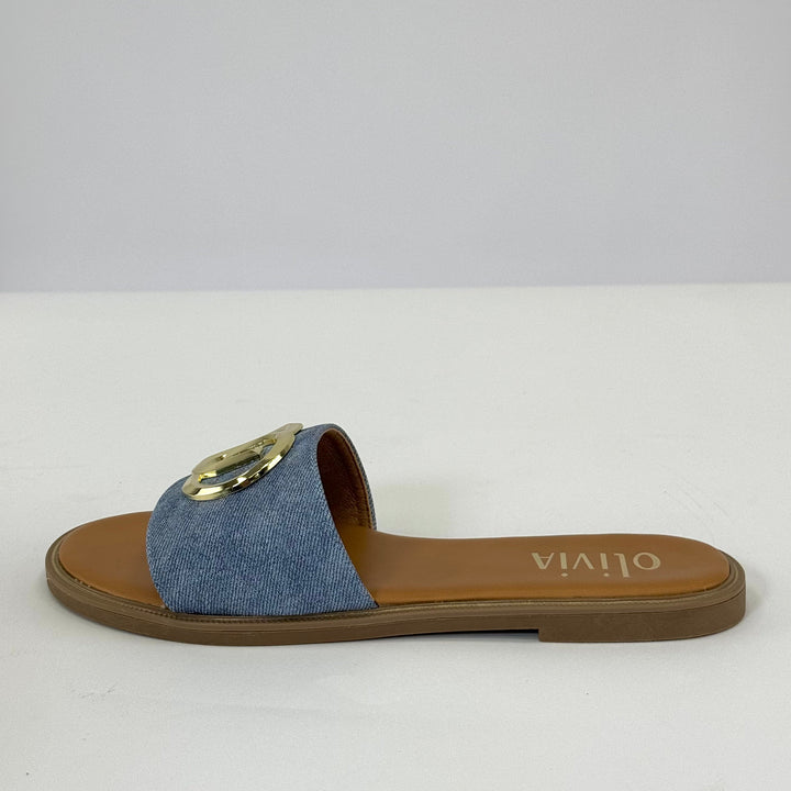 Dark blue GG™ logo slippers by Emma & Rose Cape Town, comfortable slip-on shoes with branded design and soft fabric.