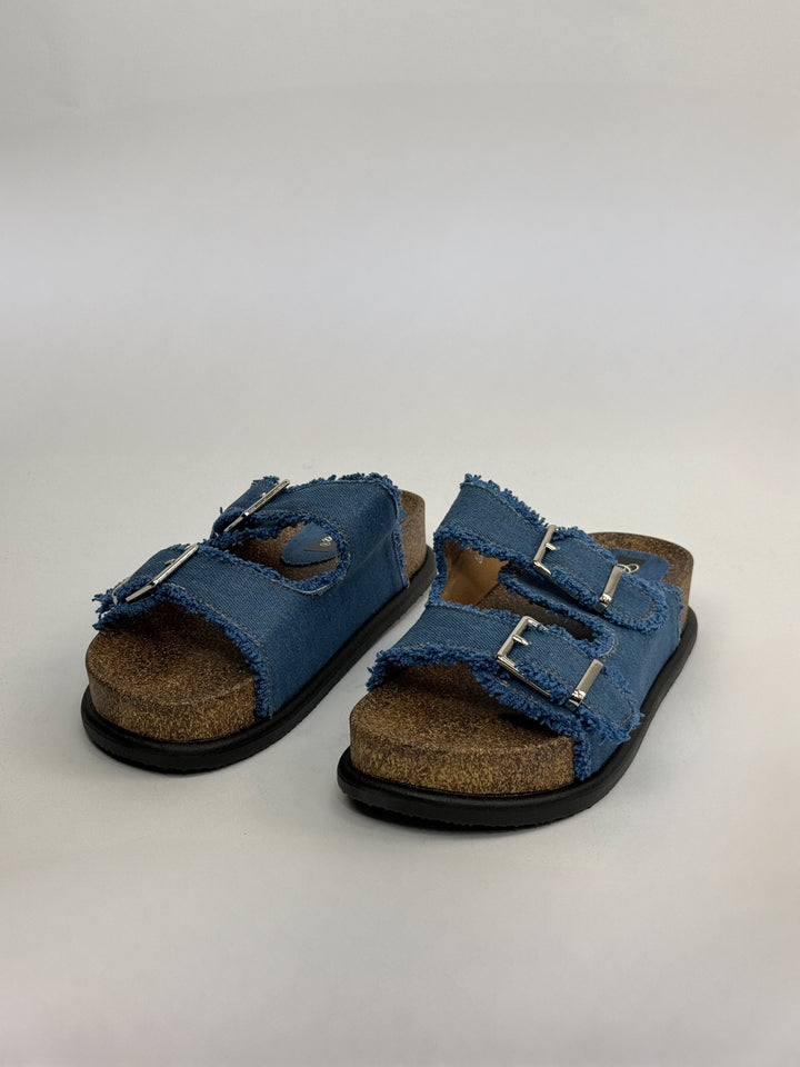 Emma & Rose Cape Town High™ sandals in light denim with soft, luxurious fabrics and stylish Murano glass accents.