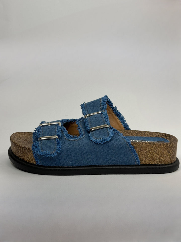 Emma & Rose Cape Town High™ sandals in light denim with soft, luxurious fabrics, featuring stylish Murano-inspired design.