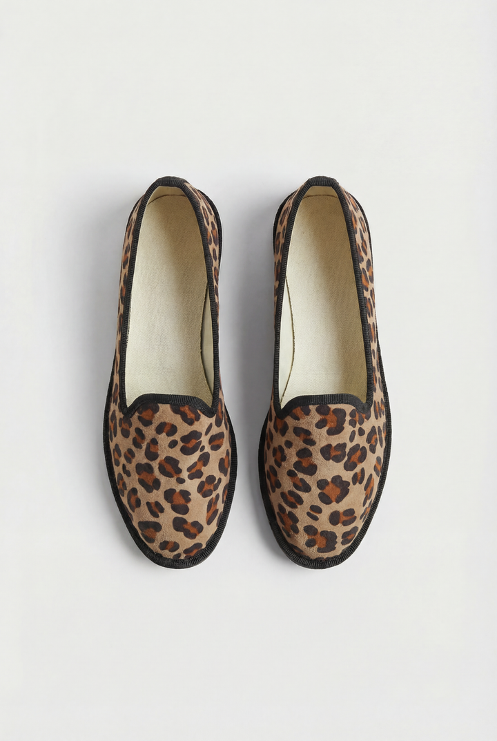 Willemien animal print Friulane slippers by Emma & Rose Cape Town with soft, luxurious fabrics and slip-on design.