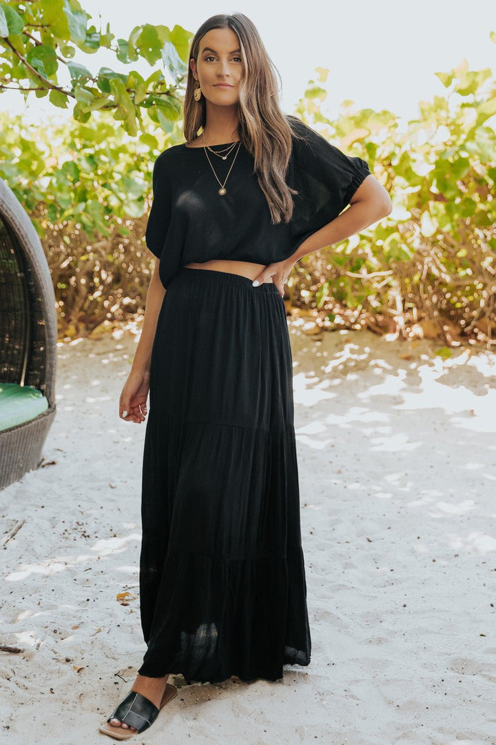 Emma & Rose Cape Town Lisa Maxi Skirt Black Set, stylish women's set with a flowing maxi skirt and matching top.