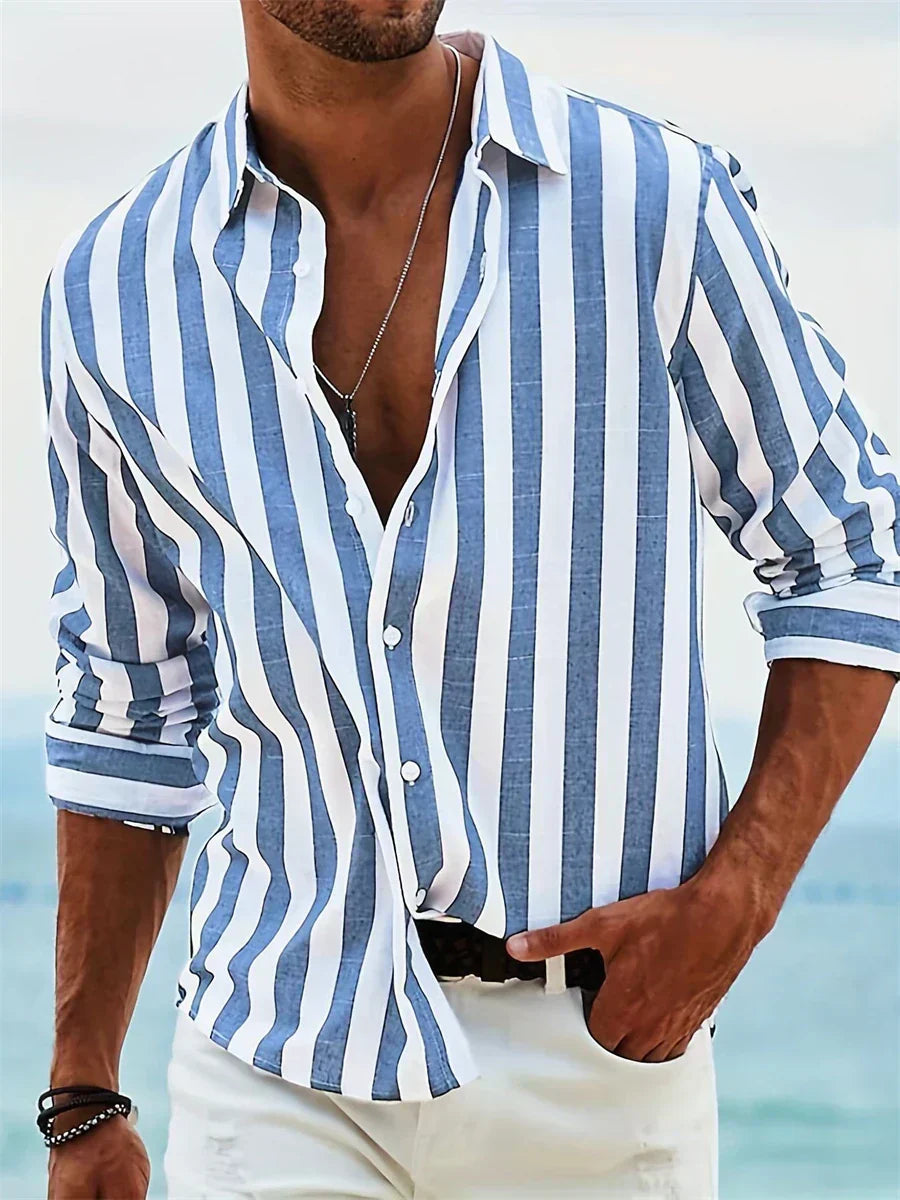 Pink men's striped relaxed-fit summer casual shirt by Emma & Rose Cape Town, featuring a comfortable and stylish design.