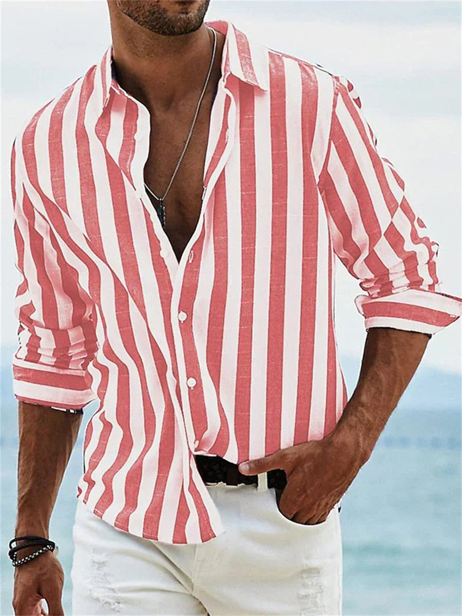 Pink men's striped relaxed-fit summer casual shirt by Emma & Rose Cape Town, styled with a collar and short sleeves.