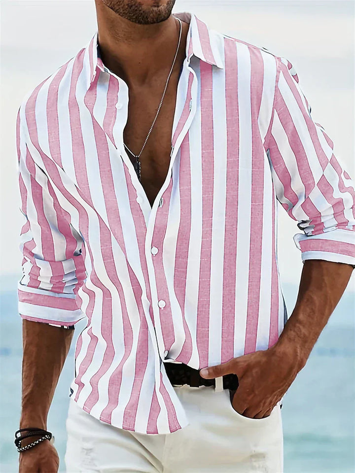 Pink men's striped relaxed-fit summer casual shirt by Emma & Rose Cape Town, showcasing a comfortable, stylish design.