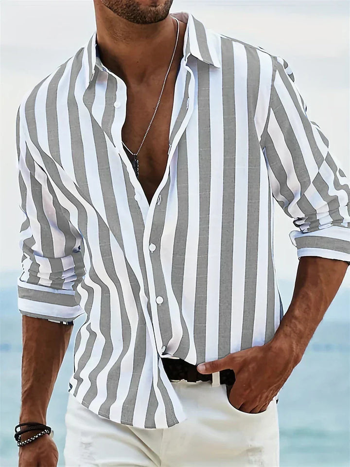 Pink men's striped relaxed-fit summer casual shirt by Emma & Rose Cape Town featuring a comfortable, stylish design.