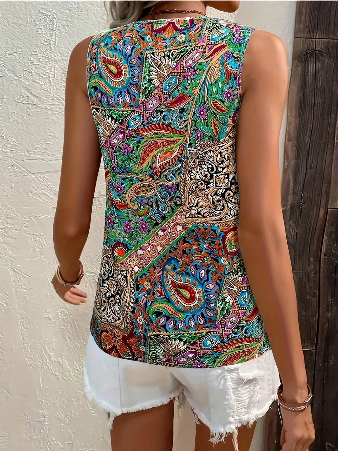 Emma & Rose Cape Town Ida™ patterned bohemian shirt, long-sleeve top with colorful, intricate boho design and relaxed fit.