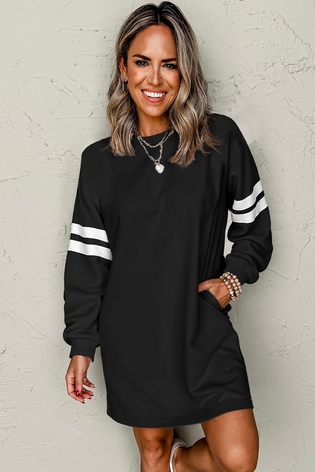Orange Preppy Striped Sleeve Loose Mini Dress