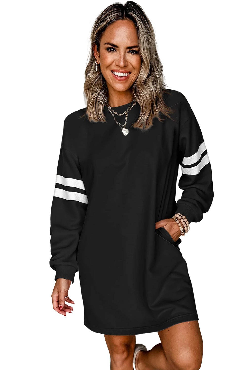 Orange Preppy Striped Sleeve Loose Mini Dress