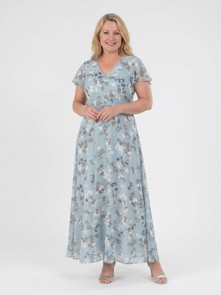 Sky blue Ismeria floral flowing maxi dress by Emma & Rose Cape Town, featuring lightweight fabric and vibrant floral pattern.