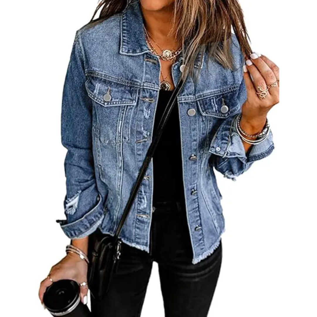 Sky blue Miley™ distressed jacket by Emma & Rose Cape Town featuring soft, luxurious fabrics and a relaxed, stylish fit.