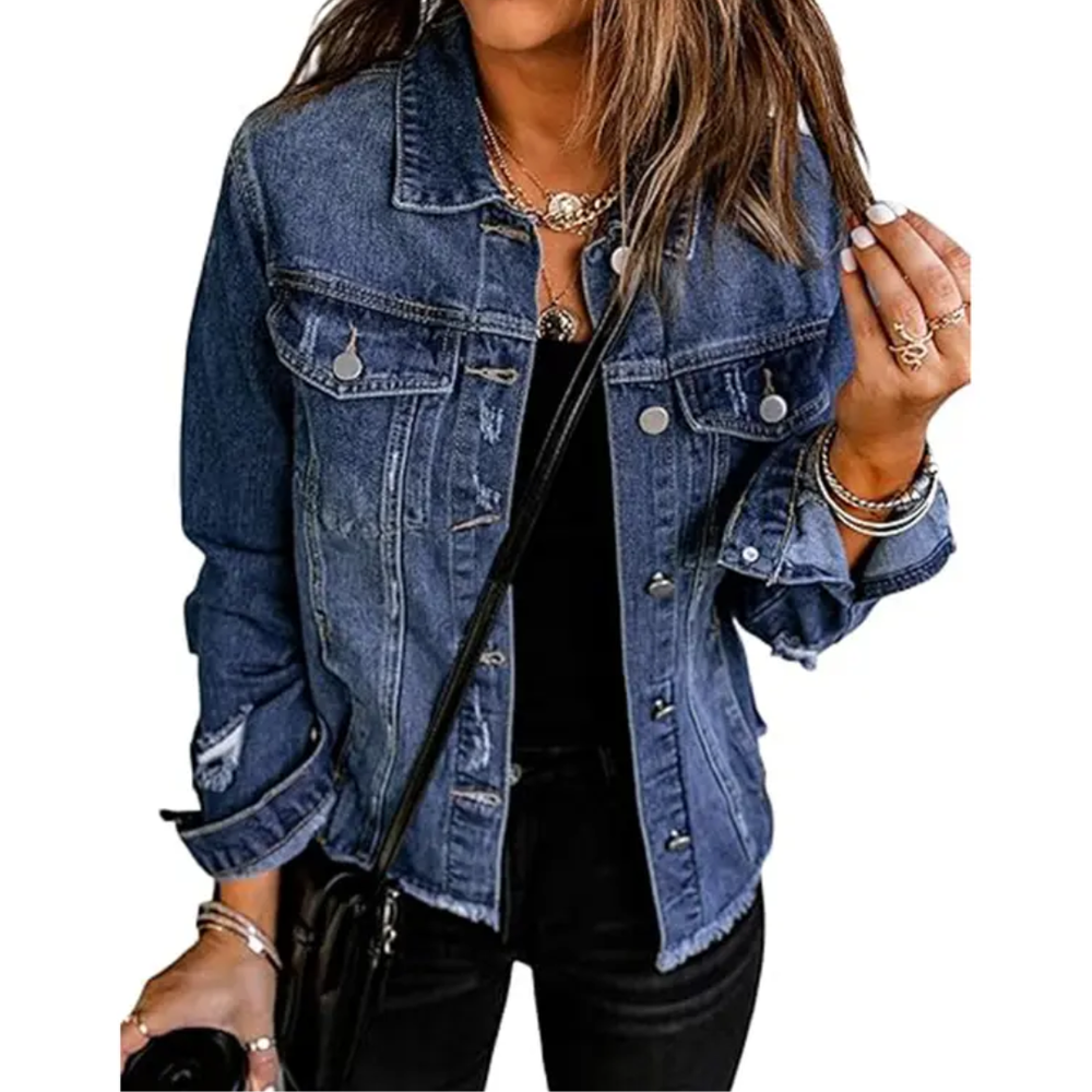 Sky blue Miley™ distressed jacket by Emma & Rose Cape Town, made from soft, luxurious fabrics with a relaxed, stylish fit.