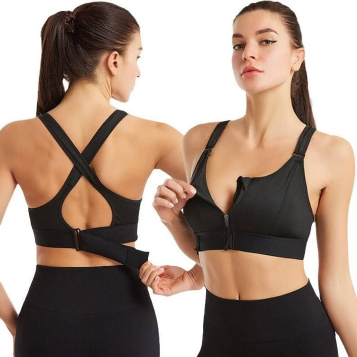 Black Velora sports bra by Emma & Rose Cape Town, supportive workout bra with adjustable straps and breathable fabric.