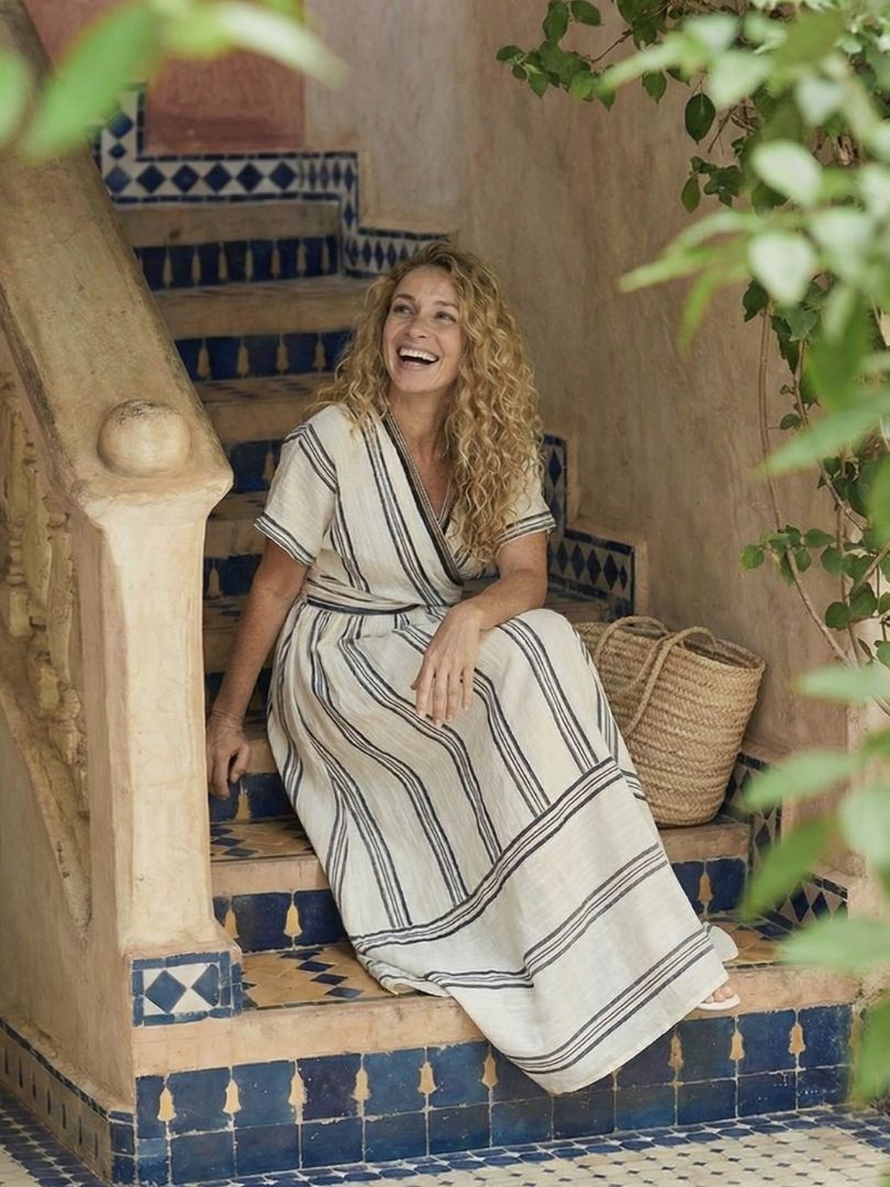 Emma & Rose Cape Town Thalassa wrap waist midi dress with blue and white stripes, featuring a flattering wrap design and midi length.