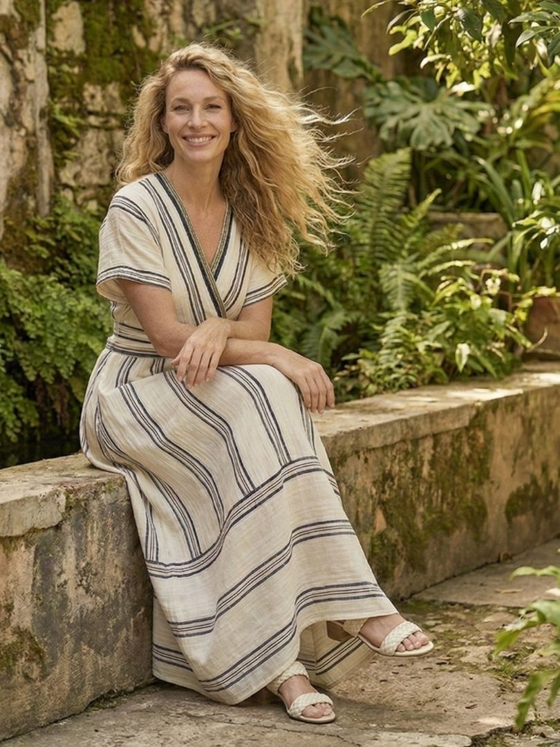 Emma & Rose Cape Town Thalassa™ striped wrap waist midi dress, showcasing a stylish, fitted silhouette and elegant design.