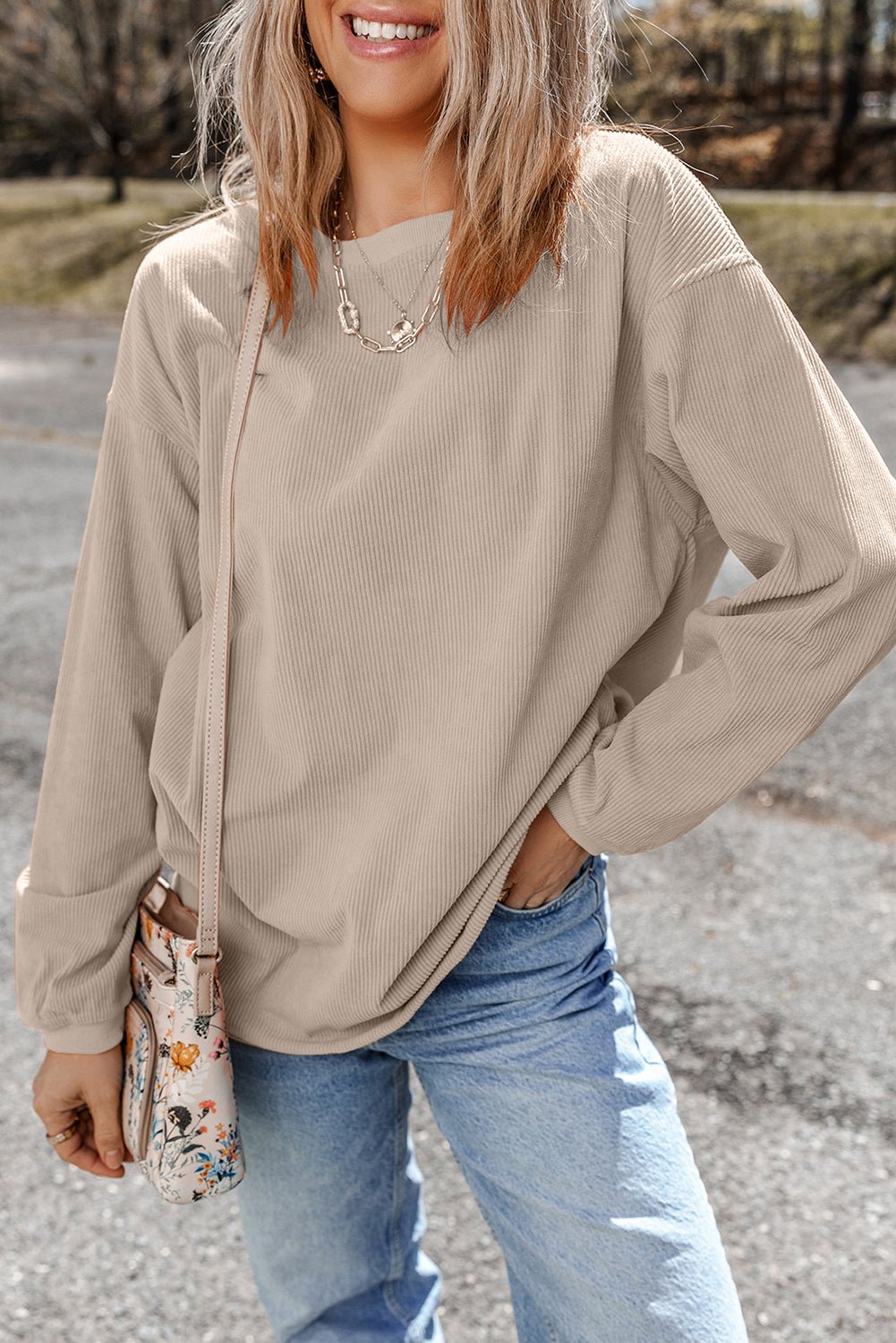 Apricot drop shoulder rib knit oversized sweatshirt by Emma & Rose Cape Town, cozy and stylish women's hoodie.