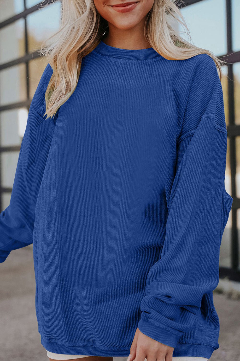 Apricot Drop Shoulder Rib Knit Oversized Sweatshirt