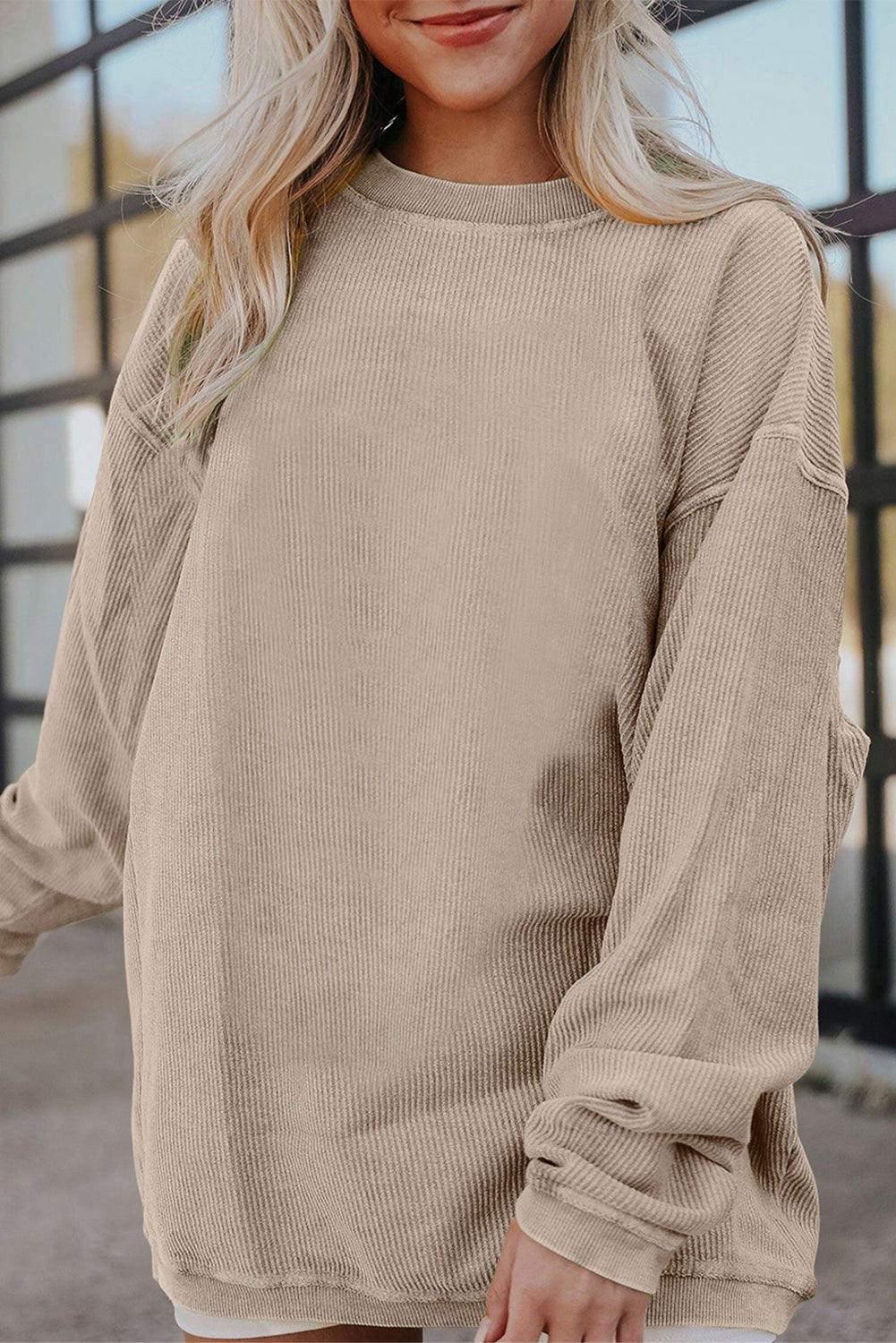 Apricot Drop Shoulder Rib Knit Oversized Sweatshirt