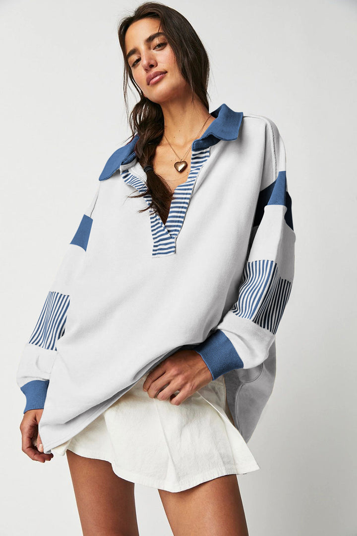Dark blue striped patchwork collar sweatshirt by Emma & Rose Cape Town, featuring a cozy fit and stylish design.