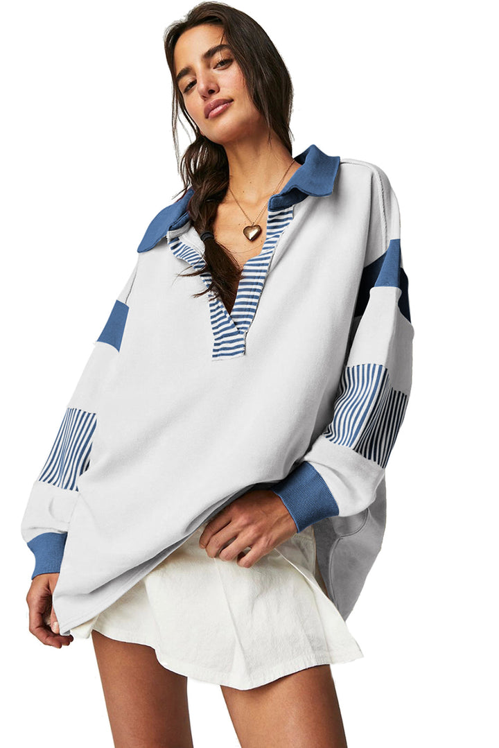 Dark blue striped patchwork collar sweatshirt by Emma & Rose Cape Town, featuring a cozy fit and stylish design.