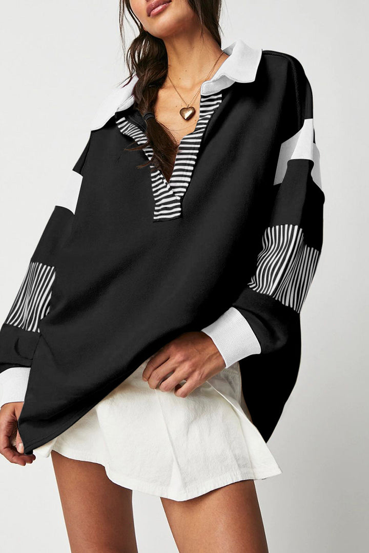 Dark blue striped patchwork collar sweatshirt by Emma & Rose Cape Town, featuring a cozy fit and stylish design.