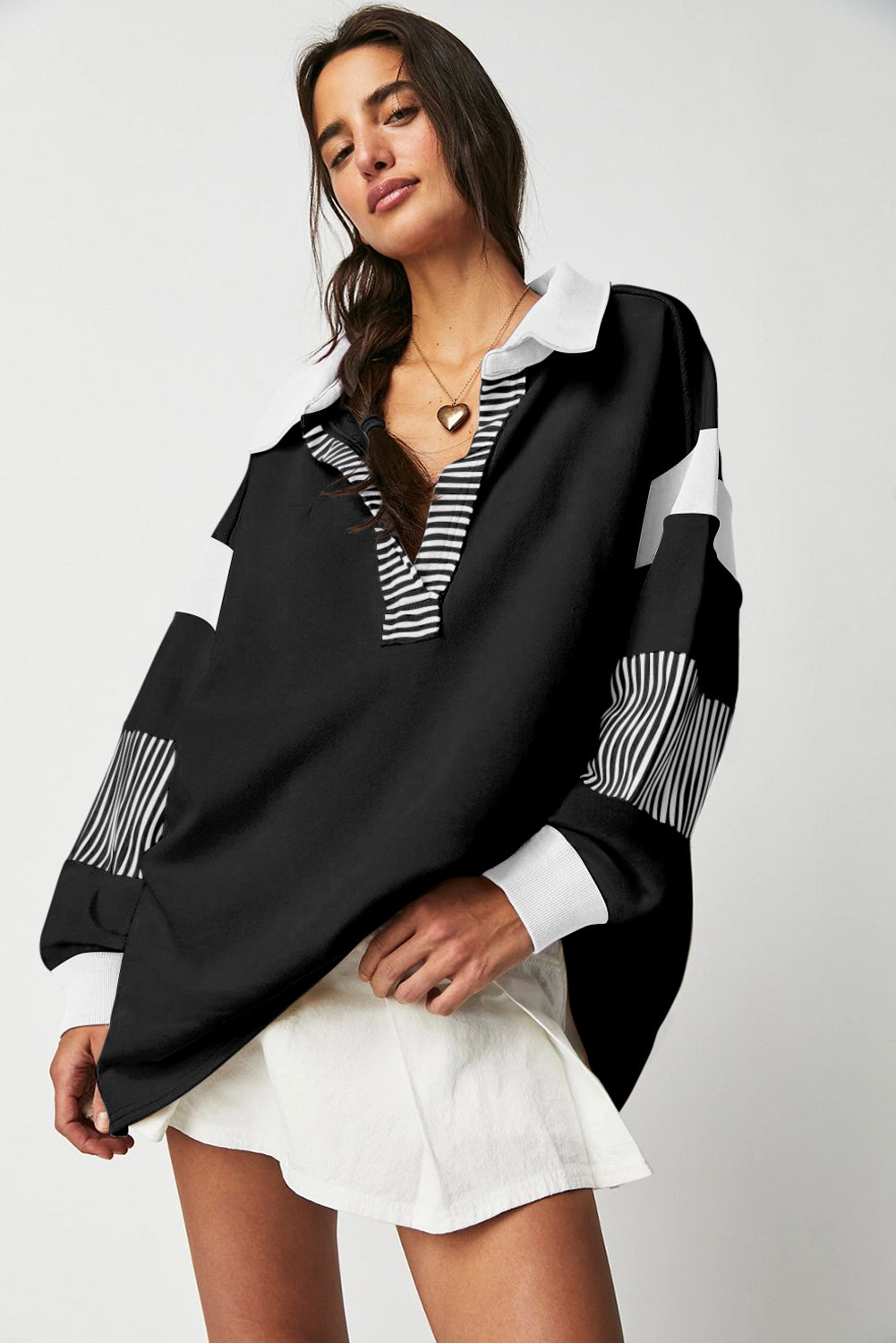 Dark blue striped patchwork collar sweatshirt from Emma & Rose Cape Town, featuring a cozy design and casual style.
