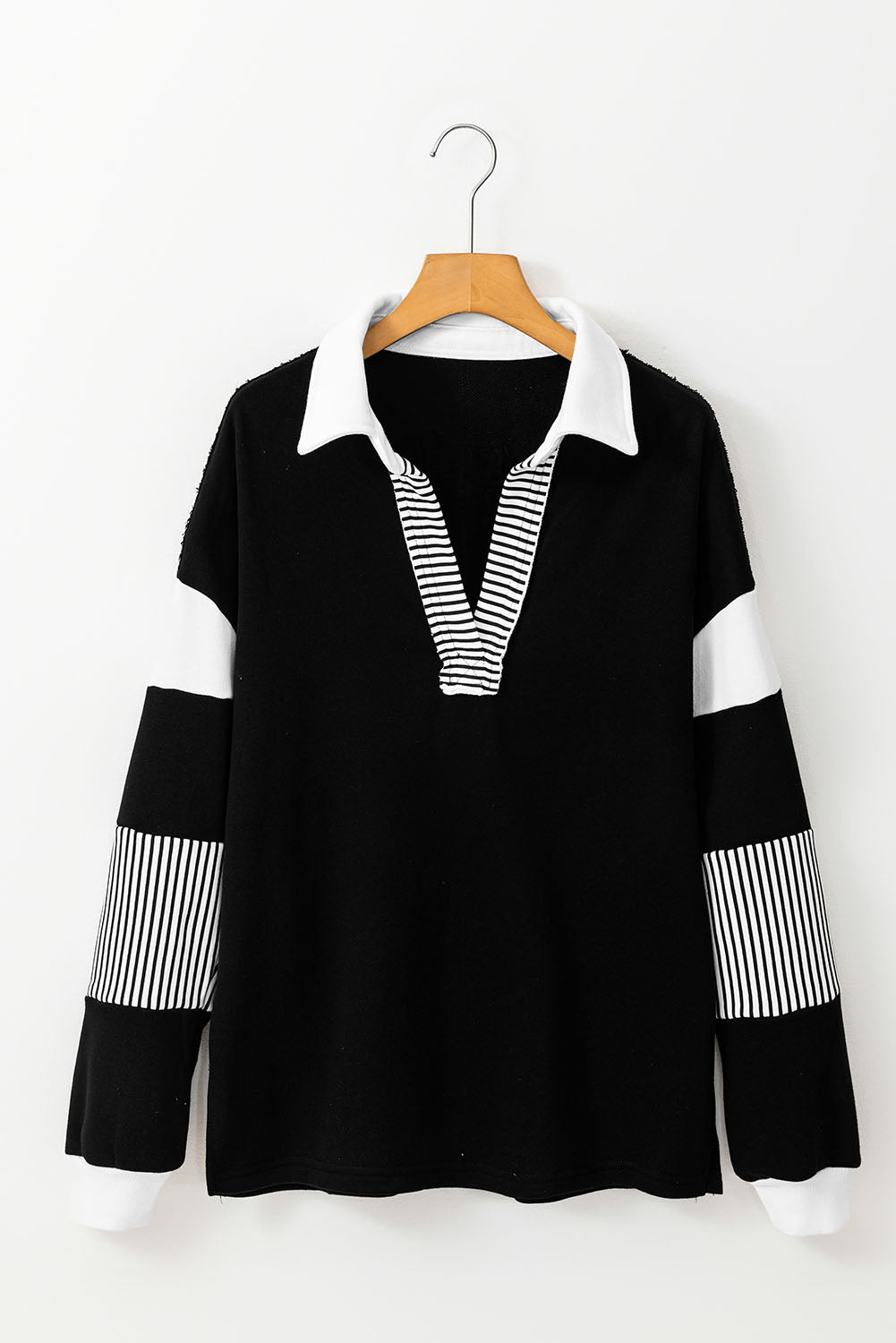 Dark blue striped patchwork collar sweatshirt by Emma & Rose Cape Town, featuring long sleeves and cozy fabric.